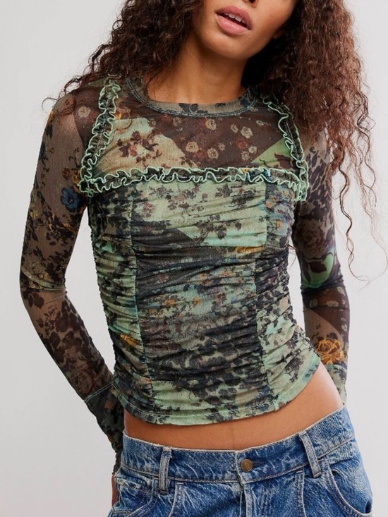 Free People Tops - FREE PEOPLE Ariana Long Sleeve Ruched Top / Sage Combo SZ Medium